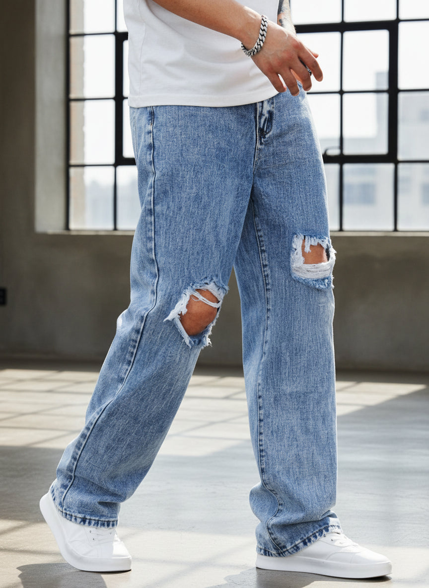PDMX Jeans Boyfriend Azules Rotos - Moda urbana para hombres