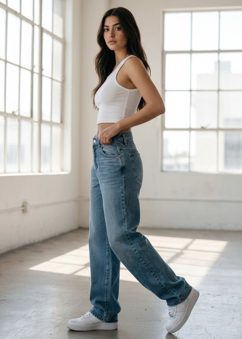 pantalones baggy mujer mezclilla 100% rígida azul claro estilo urbano