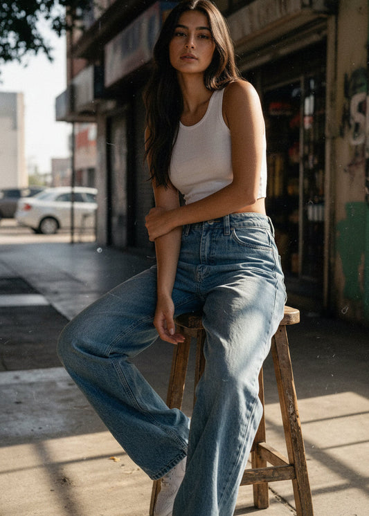 super baggy jeans mujer azul claro mezclilla rígida tiro alto