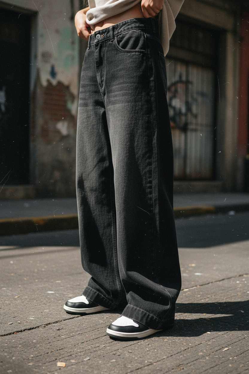 Boyfriend Jeans Baggy Negros de Tiro Alto