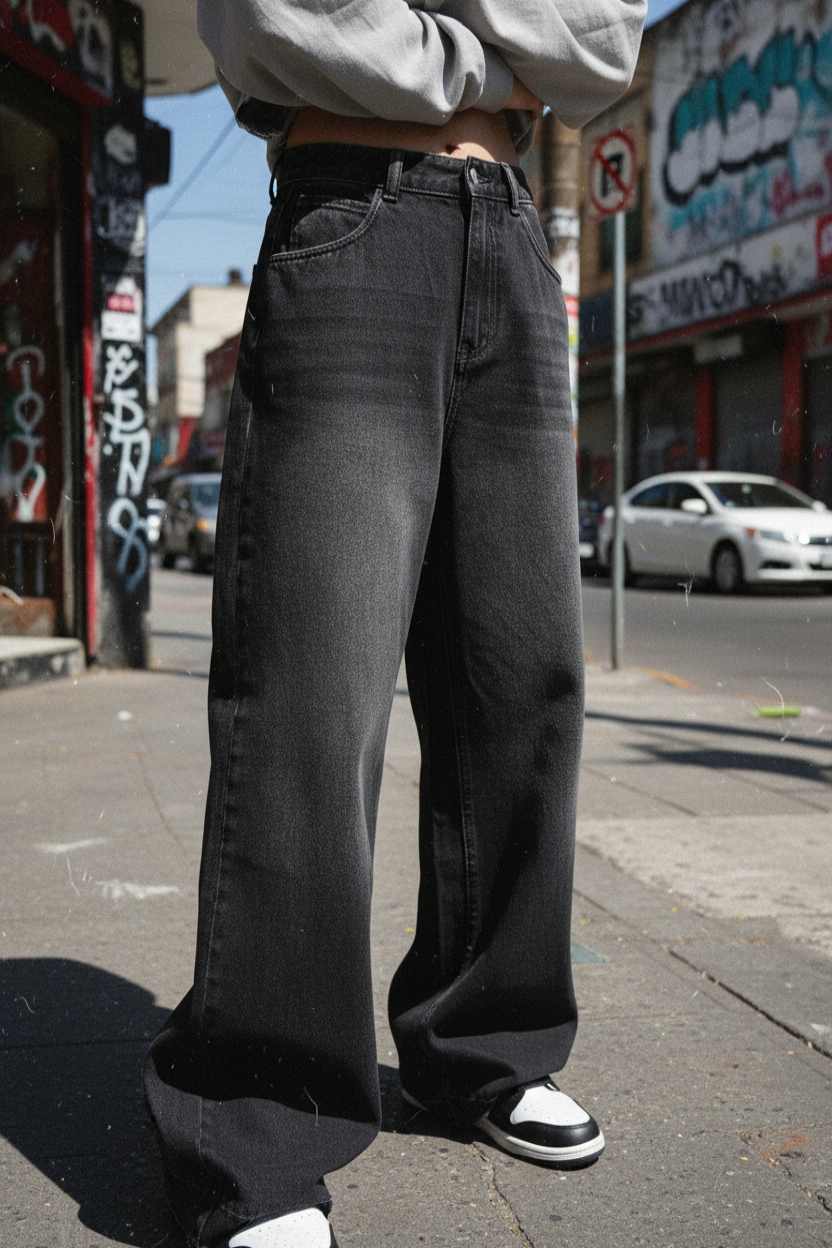 Boyfriend Jeans Baggy Negros de Tiro Alto