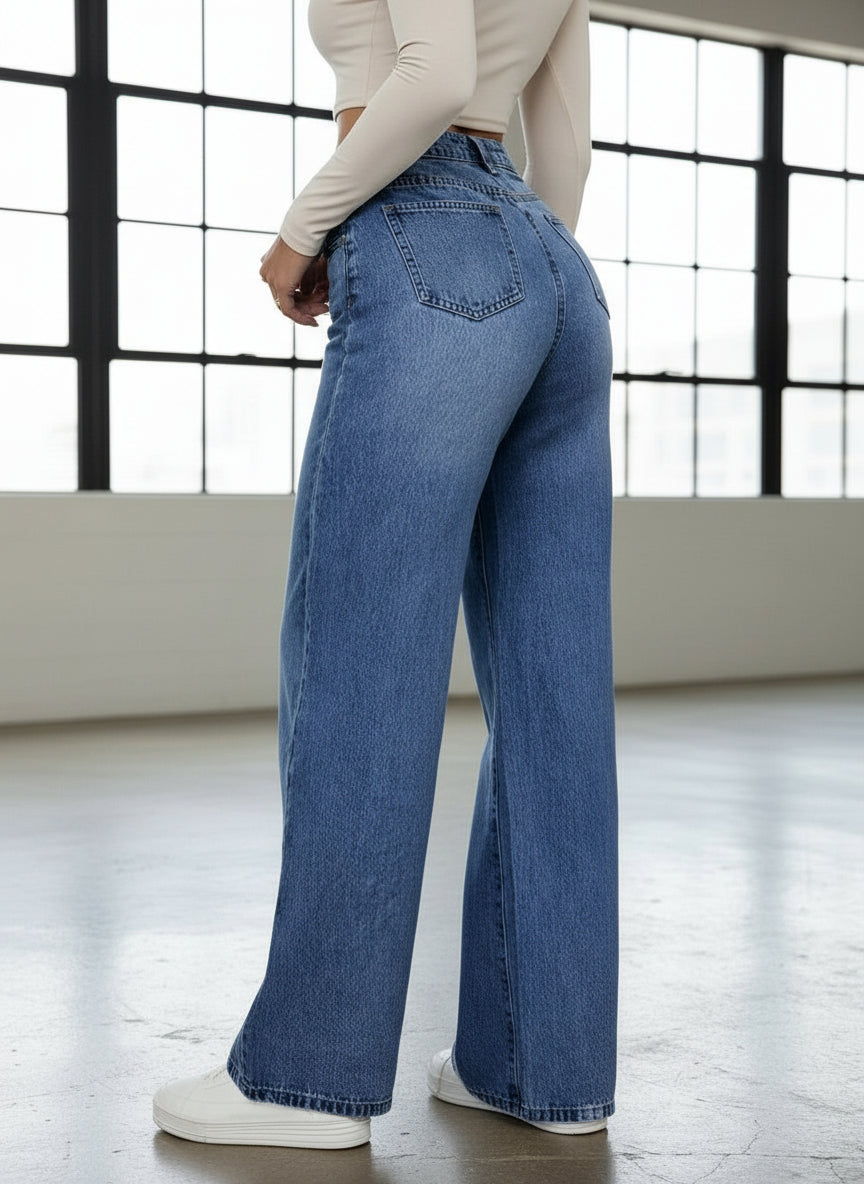Boyfriend Jeans Tiro Alto Azul Mujer Regular